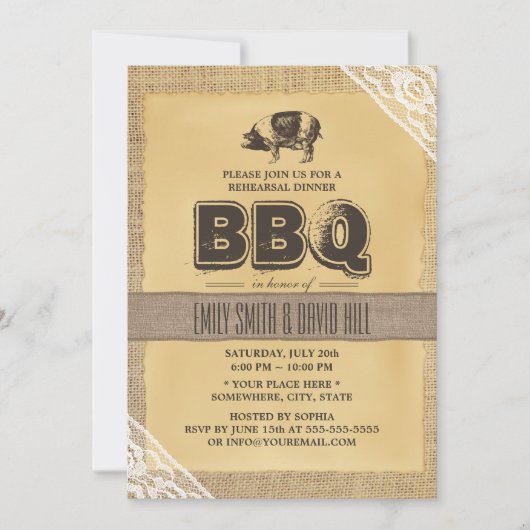 Rustic Burlap Pig Roast BBQ Rehearsal Dinner Kaart (Voorkant)