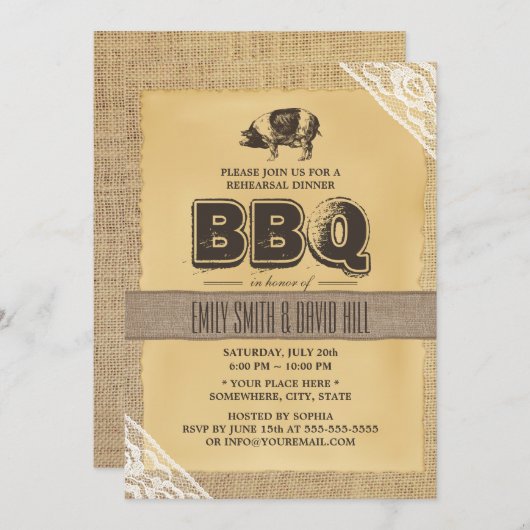Rustic Burlap Pig Roast BBQ Rehearsal Dinner Kaart (Voorkant / Achterkant)