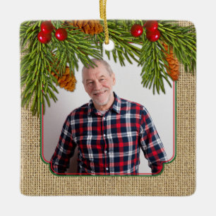 Rustic Burlap Pine Boughs Memorial Foto met Kerstm Keramisch Ornament