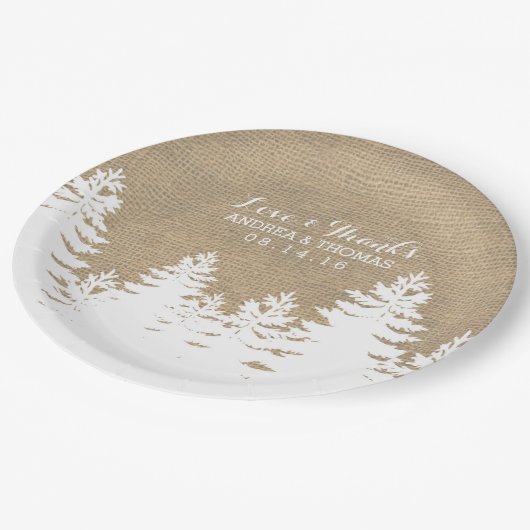 Rustic Burlap Pine Trees Winter Wedding Borden Papieren Bordje (Gekanteld)