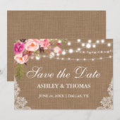 Rustic Burlap Pink Floral Lace Save the Date (Voorkant / Achterkant)