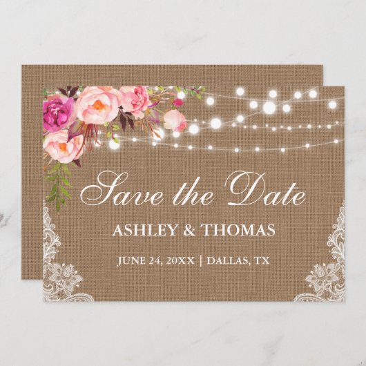 Rustic Burlap Pink Floral Lace Save the Date (Voorkant / Achterkant)