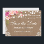 Rustic Burlap Pink Floral Lace Save the Date<br><div class="desc">De Roze Floral van de Waterverf van de Lichten van het Koord van de Robuuste Rustic Burlap sparen de Kaart van de Datum</div>