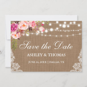 Rustic Burlap Pink Floral Lace Save the Date