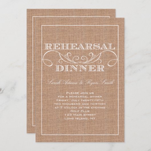 Rustic Burlap Print Rehearsal Dinner Invitation Kaart (Voorkant / Achterkant)