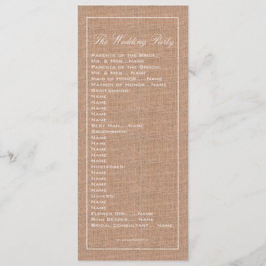 Rustic Burlap Print Wedding Program Programmakaart (Achterkant)