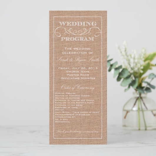 Rustic Burlap Print Wedding Program Programmakaart (Staand voorkant)