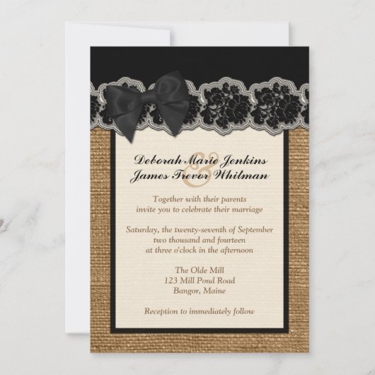 Rustic Burlap, PRINTED Lace, Bow Wedding Invite 3 Kaart (Voorkant)