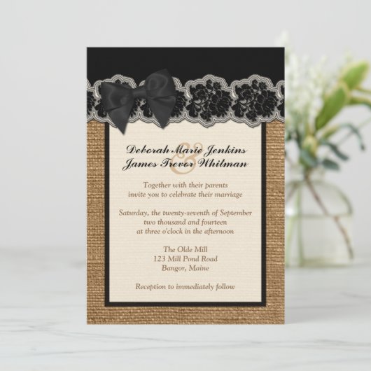 Rustic Burlap, PRINTED Lace, Bow Wedding Invite 3 Kaart (Staand voorkant)
