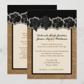 Rustic Burlap, PRINTED Lace, Bow Wedding Invite 3 Kaart (Voorkant / Achterkant)