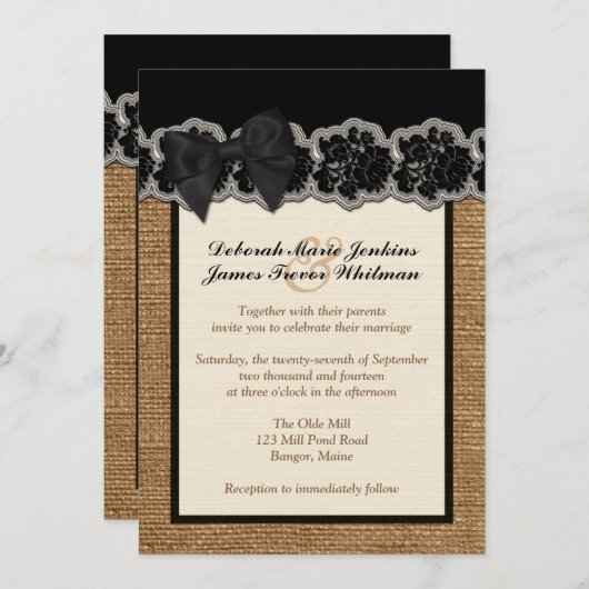 Rustic Burlap, PRINTED Lace, Bow Wedding Invite 3 Kaart (Voorkant / Achterkant)