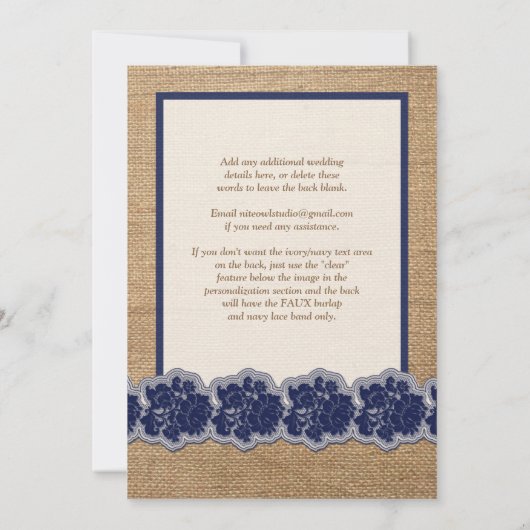 Rustic Burlap, PRINTED Lace, Bow Wedding Invite Kaart (Achterkant)