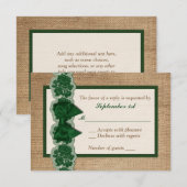 Rustic Burlap, PRINTED Lace, Bow Wedding RSVP Kaar (Voorkant / Achterkant)