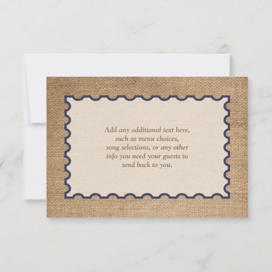 Rustic Burlap, PRINTED Lace, Bow Wedding RSVP Kaar (Achterkant)