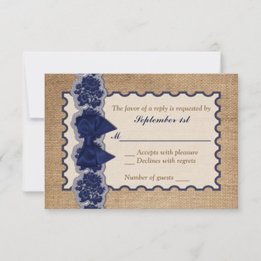 Rustic Burlap, PRINTED Lace, Bow Wedding RSVP Kaar Kaartje (Voorkant)