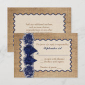 Rustic Burlap, PRINTED Lace, Bow Wedding RSVP Kaar Kaartje (Voorkant / Achterkant)