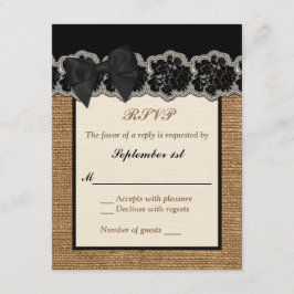 Rustic Burlap, PRINTED Lace, Bow Wedding RSVP-kaar RSVP Kaartje