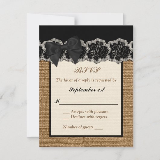 Rustic Burlap, PRINTED Lace, Bow Wedding RSVP-kaar RSVP Kaartje (Voorkant)