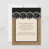 Rustic Burlap, PRINTED Lace, Bow Wedding RSVP-kaar RSVP Kaartje (Achterkant)