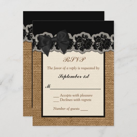 Rustic Burlap, PRINTED Lace, Bow Wedding RSVP-kaar RSVP Kaartje (Voorkant / Achterkant)