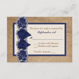 Rustic Burlap, PRINTED Lace, Bow Wedding RSVP-kaar RSVP Kaartje