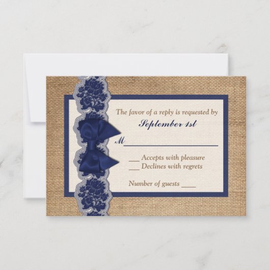 Rustic Burlap, PRINTED Lace, Bow Wedding RSVP-kaar RSVP Kaartje (Voorkant)