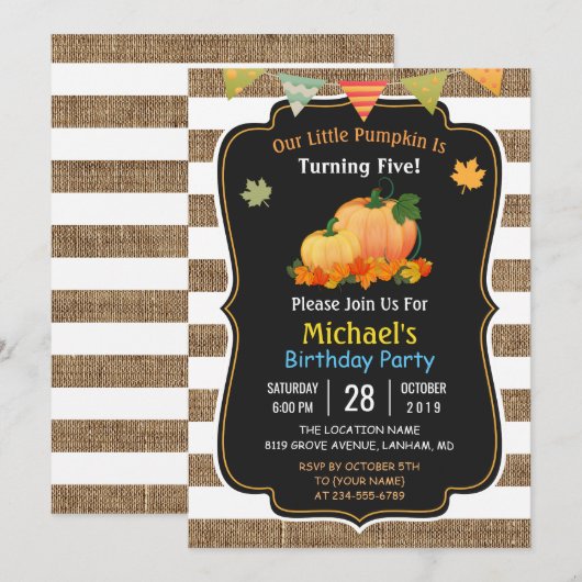 Rustic Burlap Pumpkin Herfst Kind Birthday Party Kaart (Voorkant / Achterkant)
