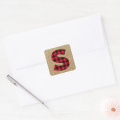 Rustic Burlap Red en Black Buffalo Plays Monogram Vierkante Sticker (Envelop)