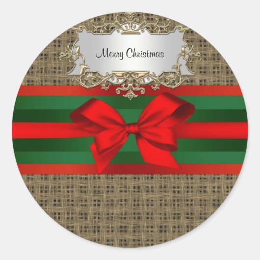 Rustic Burlap Red Green Bow Ribbon Ronde Sticker (Voorkant)