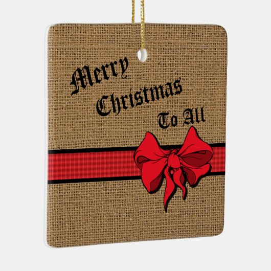 Rustic Burlap Red Trim Personalized Keramisch Ornament (Rechts)