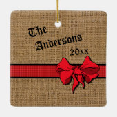 Rustic Burlap Red Trim Personalized Keramisch Ornament (Achterkant)