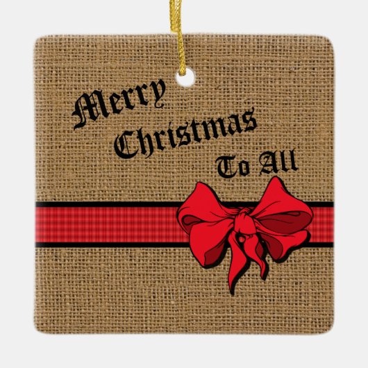 Rustic Burlap Red Trim Personalized Keramisch Ornament (Voorkant)