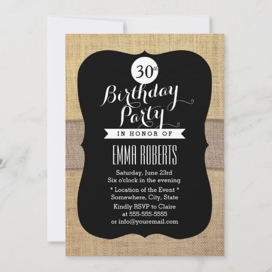 Rustic Burlap Ribbon 30th Birthday Party Kaart (Voorkant)