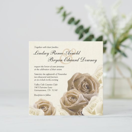 Rustic Burlap Roos Flowers Weddenschap Kaart (Staand voorkant)