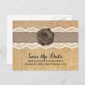 Rustic Burlap Roos & lint Lace Opslaan datum Aankondigingskaart (Voorkant / Achterkant)
