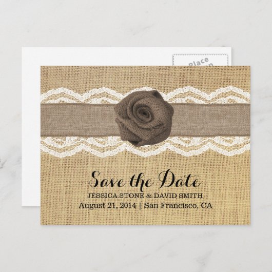 Rustic Burlap Roos & lint Lace Opslaan datum Aankondigingskaart (Voorkant / Achterkant)