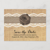 Rustic Burlap Roos & lint Lace Opslaan datum Aankondigingskaart (Voorkant)
