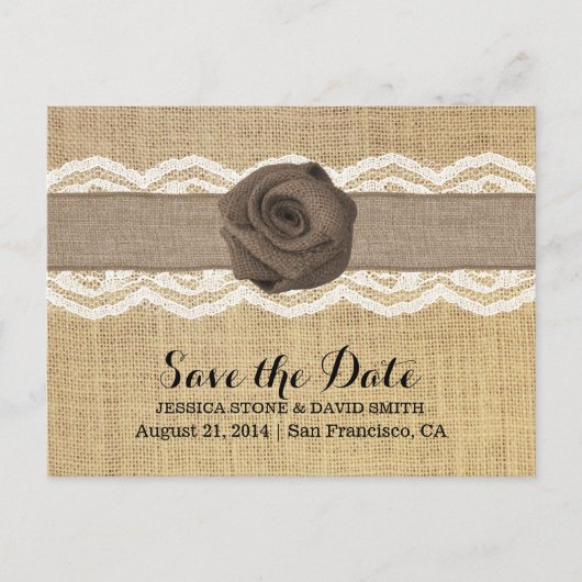 Rustic Burlap Roos & lint Lace Opslaan datum Aankondigingskaart (Voorkant)
