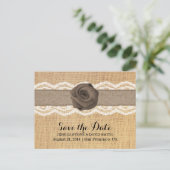 Rustic Burlap Roos & lint Lace Opslaan datum Aankondigingskaart (Staand voorkant)
