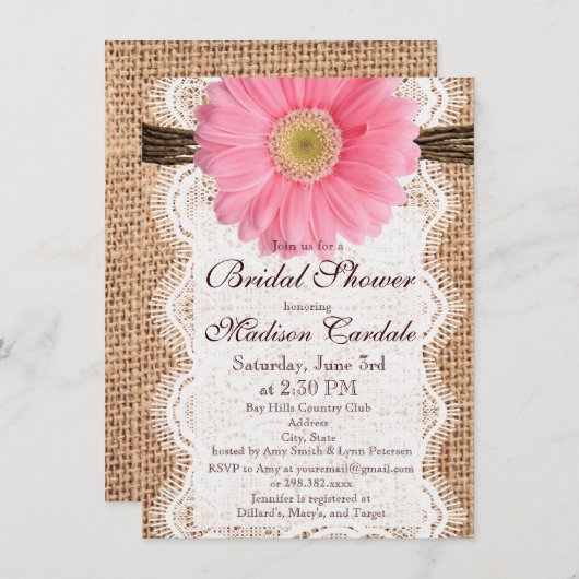 Rustic Burlap roze Daisy Bridal Shower Invitations Kaart (Voorkant / Achterkant)