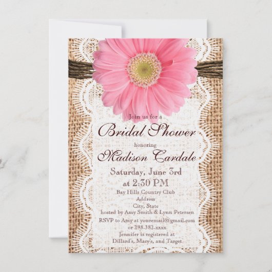 Rustic Burlap roze Daisy Bridal Shower Invitations Kaart (Voorkant)