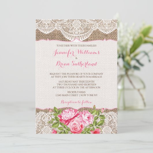 Rustic Burlap Rozen Peony Kaart (Staand voorkant)