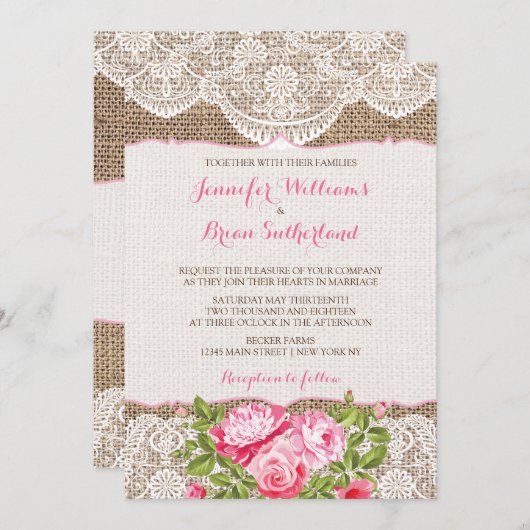 Rustic Burlap Rozen Peony Kaart (Voorkant / Achterkant)