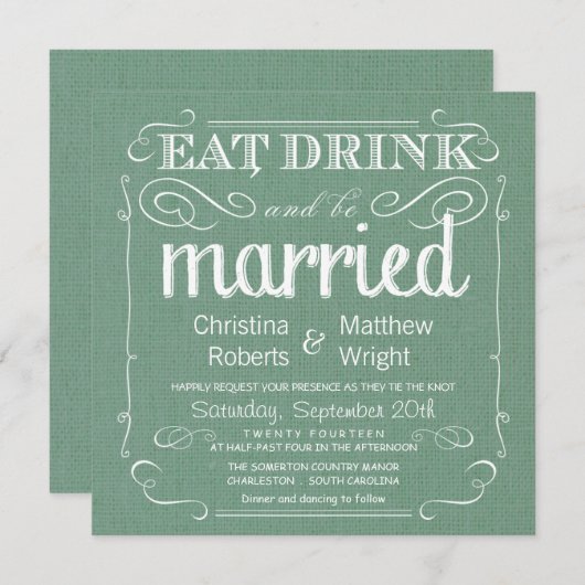 Rustic Burlap Sage Green Wedding Invitations Kaart (Voorkant / Achterkant)