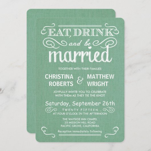 Rustic Burlap Sage Green Wedding Invitations Kaart (Voorkant / Achterkant)