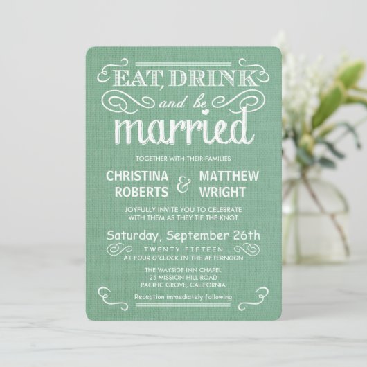 Rustic Burlap Sage Green Wedding Invitations Kaart (Staand voorkant)