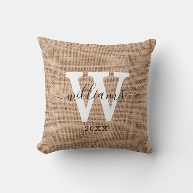 Rustic Burlap Script Name Family Monogram Initiaal Buitenkussen (Voorkant)