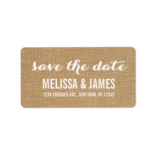 Rustic Burlap Script Save the Date Etiket (Voorkant)