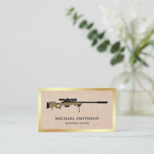 Rustic Burlap Sniper Rifle Pistool Shop Gunsmith Visitekaartje (Staand voorkant)