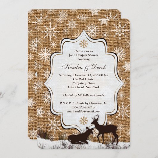 Rustic Burlap Snowflake Deer Couples Shower Invite Kaart (Voorkant / Achterkant)